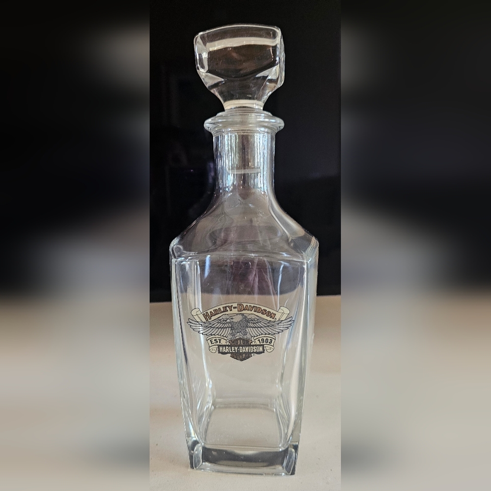 Harley-Davidson whiskey decanter with an "Eagle Banner Old Bar & Shield" logo.